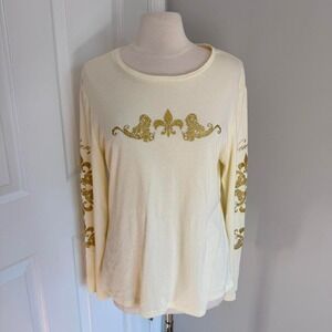 Y2K CREAM SEVEN7 GLITTERY FLEUR-DE-LIS GRAPHIC LONG SLEEVE T-SHIRT